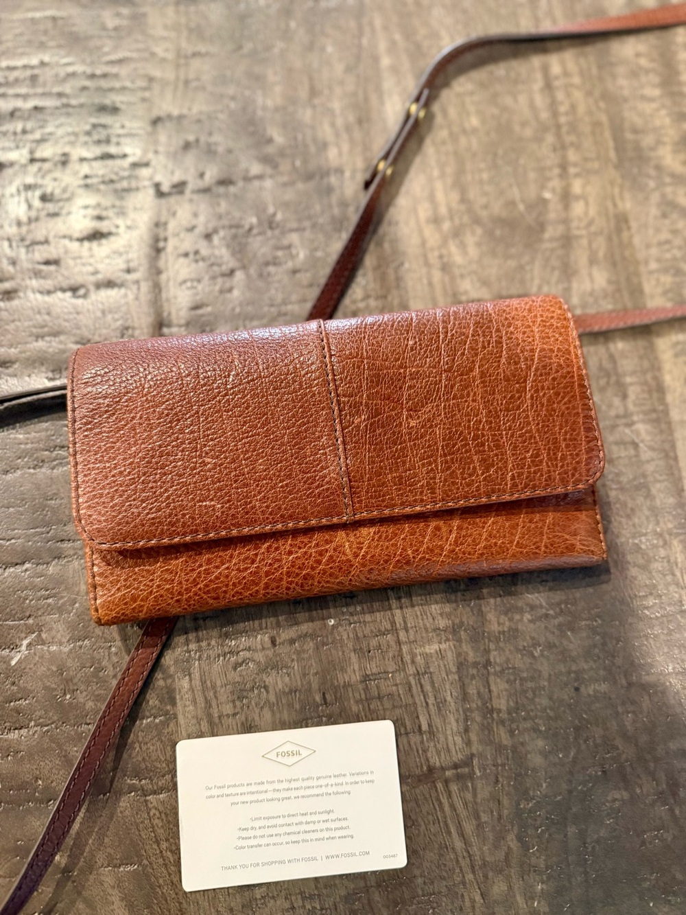 Fossil Cognac Brown Genuine Leather Wallet Crossbody Bag NWOT